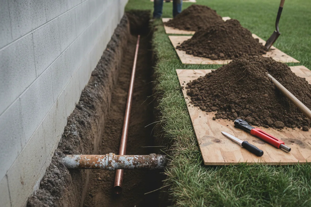 Excavated water line trench during Sewer Line Repair in Tenino